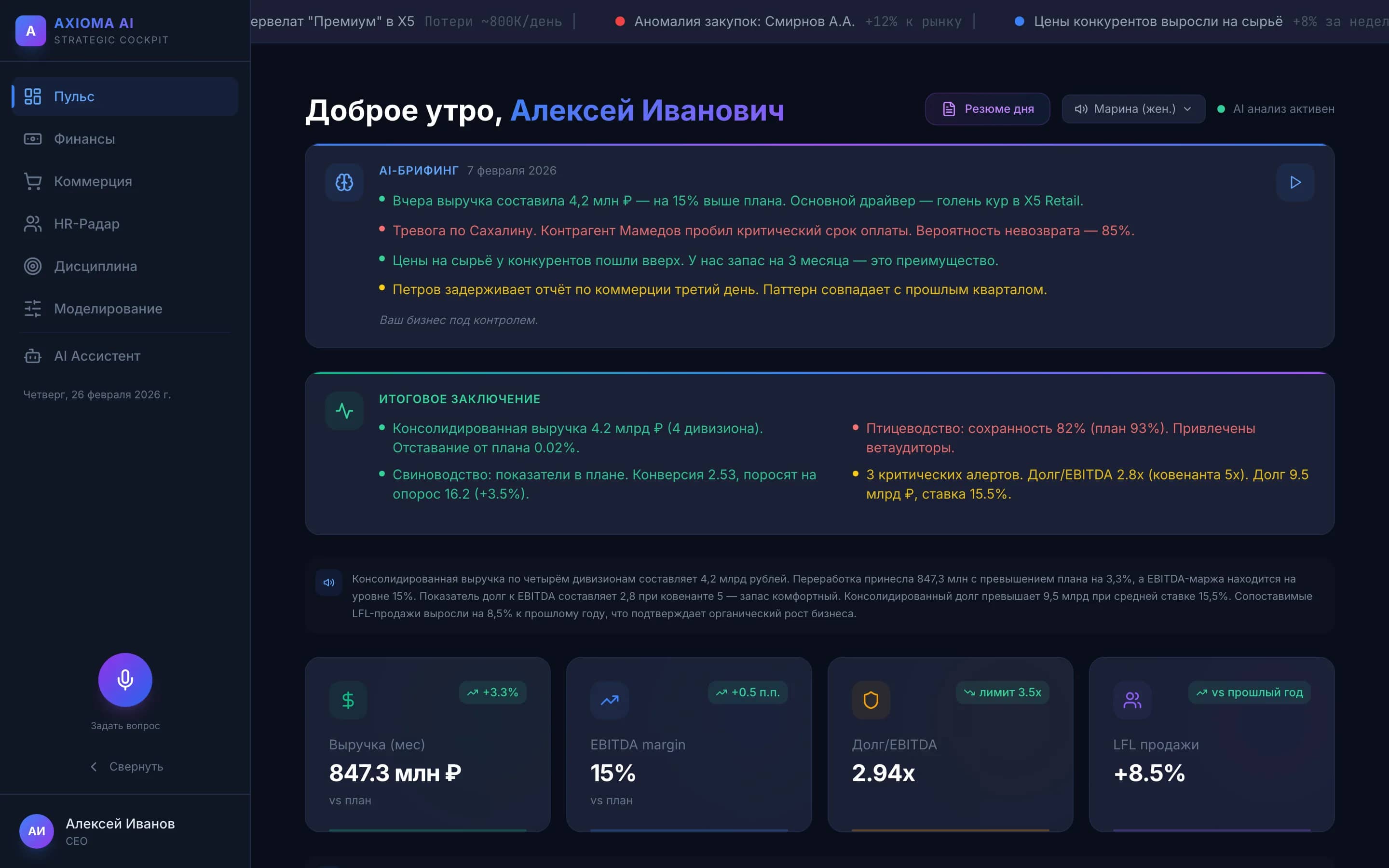 Радар управления — Пульс: брифинг руководителя, KPI, сигналы с оценкой в рублях